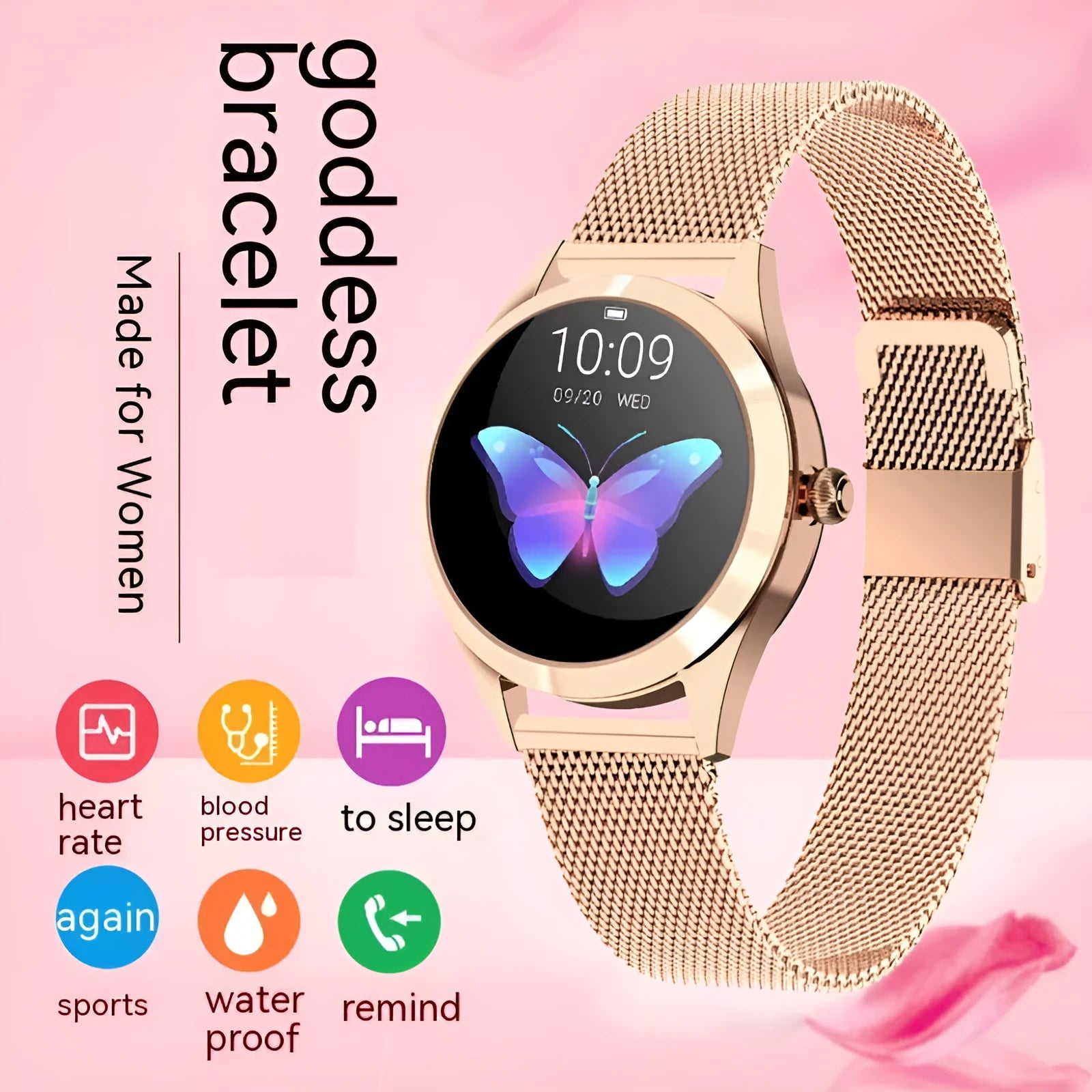 Women's multi-functional sports smartwatch showing heart rate monitoring and four colour options