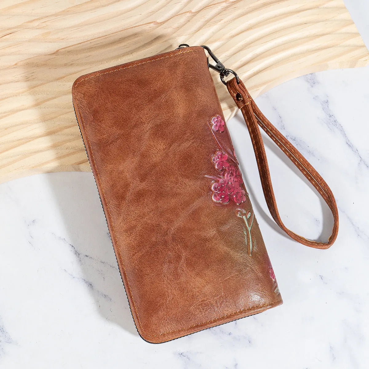 Chinese style embossed floral handbag with hand-painted detailing in black, brown or coffee colour