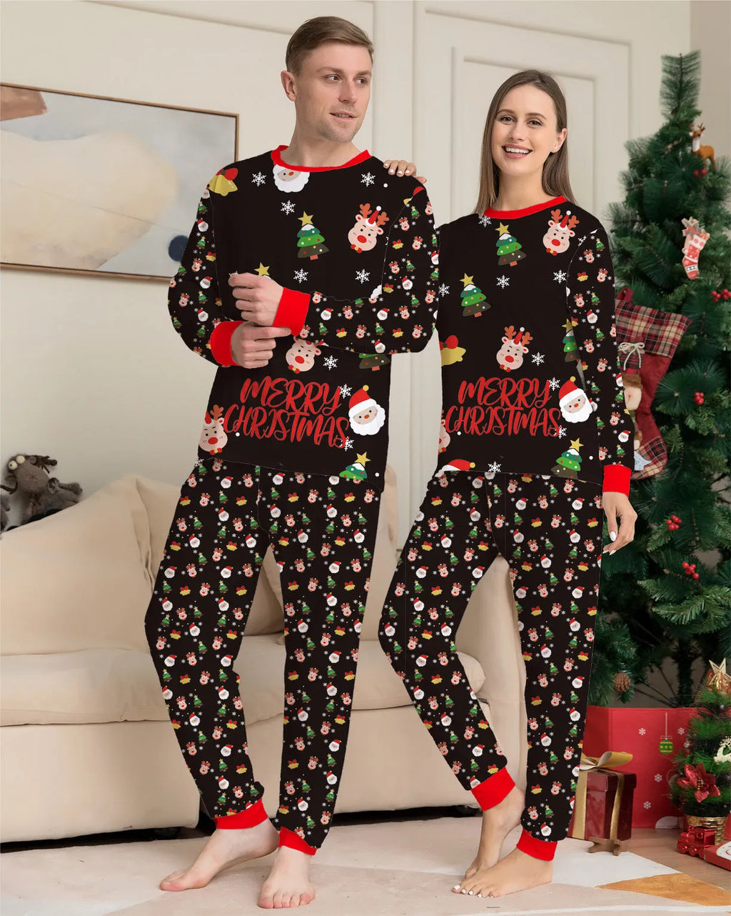 Family Christmas matching pyjamas set in cotton with coordinated designs for all family members including dogs