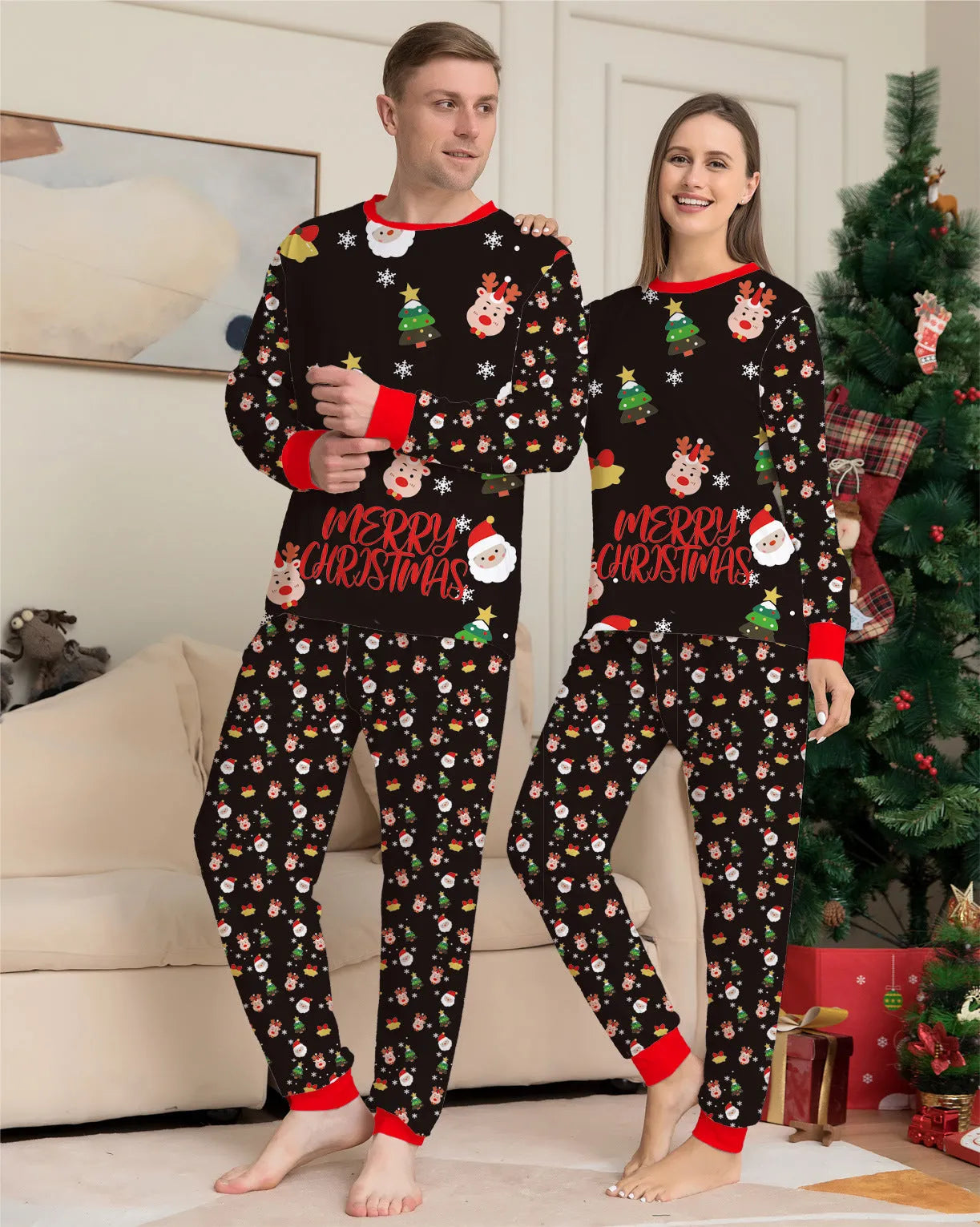 Family Christmas matching pyjamas set in cotton with coordinated designs for all family members including dogs
