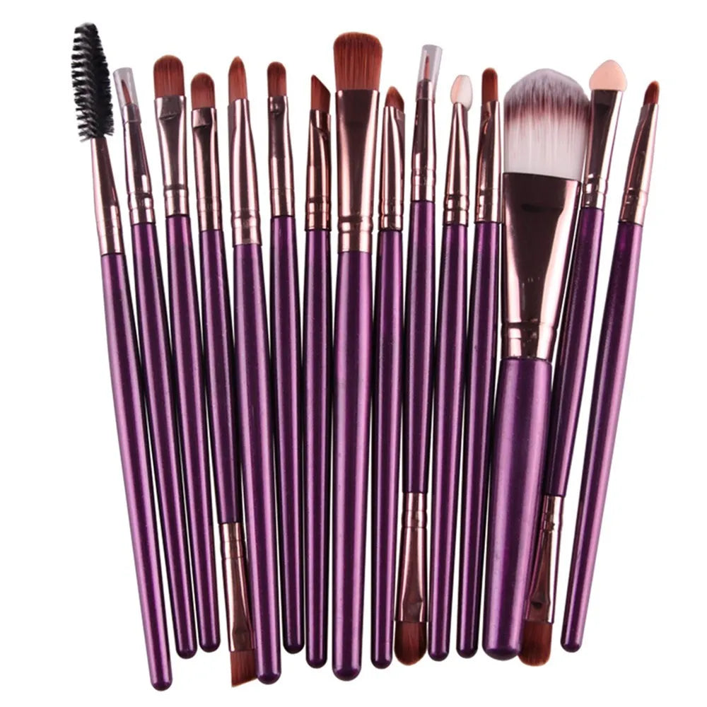 18-piece makeup brush set showing various brush types including fan-shaped brushes for contouring