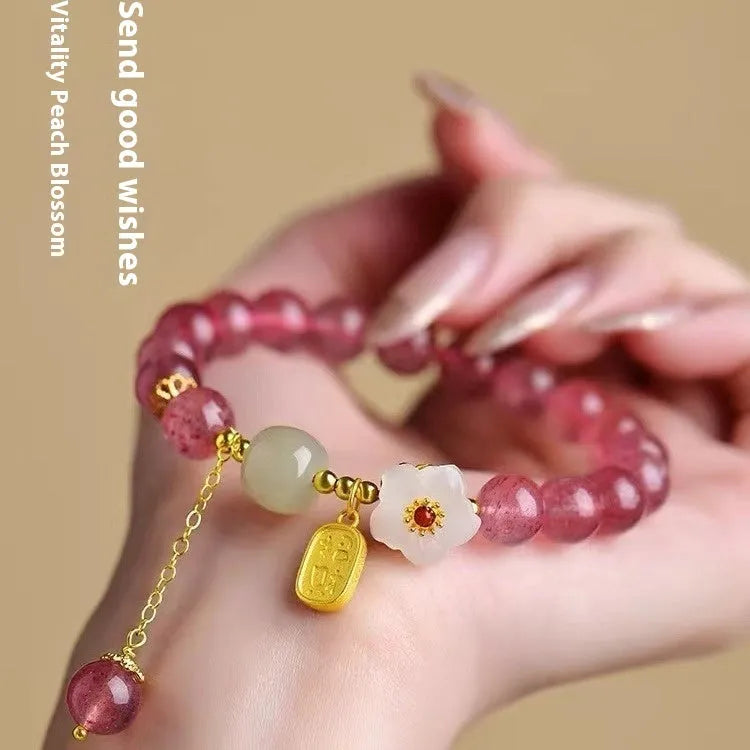 Hetian jade peach blossom strawberry quartz crystal bracelet with natural crystal design