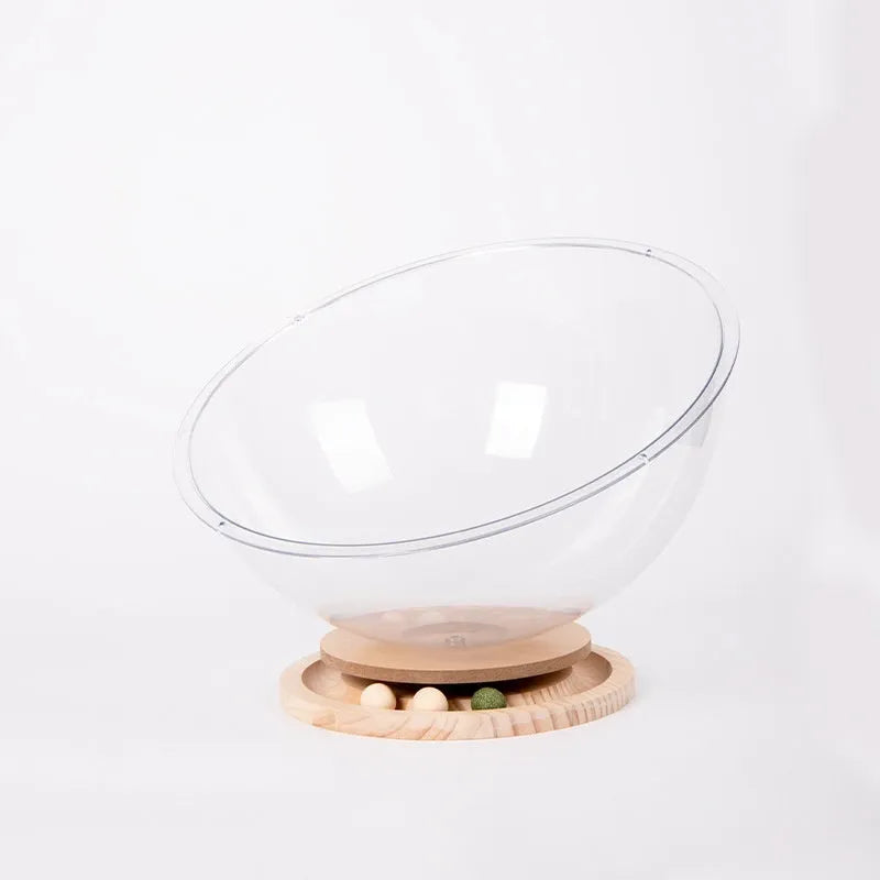 Transparent acrylic capsule cat bed with turntable base on wooden floor