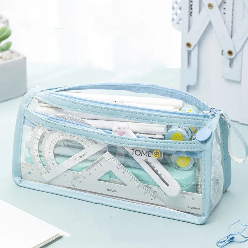 Transparent double-layer pencil case showing interior compartments in blue colour variant