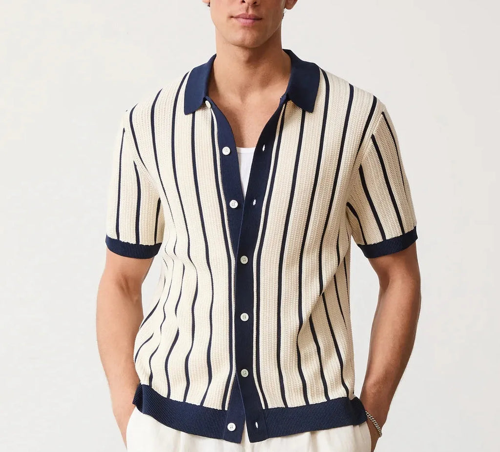 Men's white short sleeve knitted top with asymmetrical lapel design