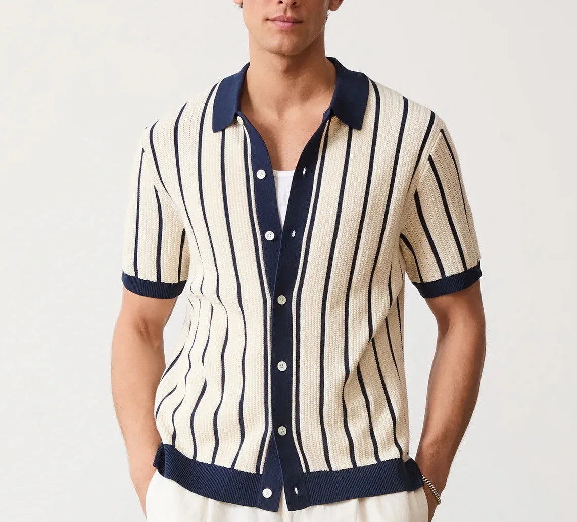 Men's white short sleeve knitted top with asymmetrical lapel design