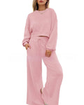 Women's solid colour polyester two-piece set with long sleeve top and trousers in street hipster style.