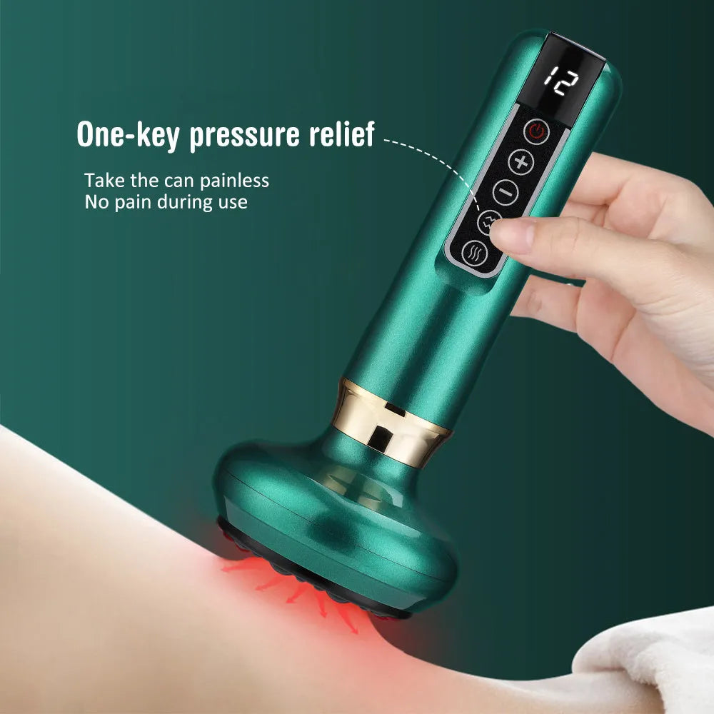 Green electric vacuum cupping massager with gua sha head on a white background.