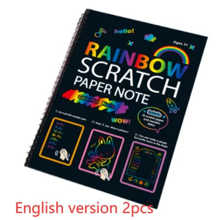 Large colourful children's scratch art paper measuring 26 by 19 centimetres with scraping tool.