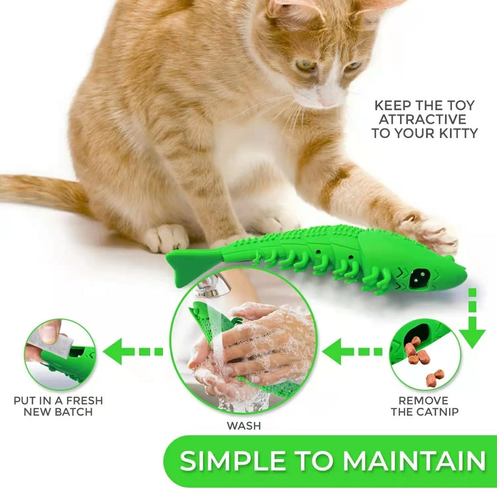 Blue cat toothbrush chew toy with hard rubber construction for dental care play