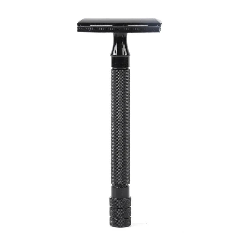 Manual shaving razor set with metal scraper and brush in black or silver finish for traditional wet shaving