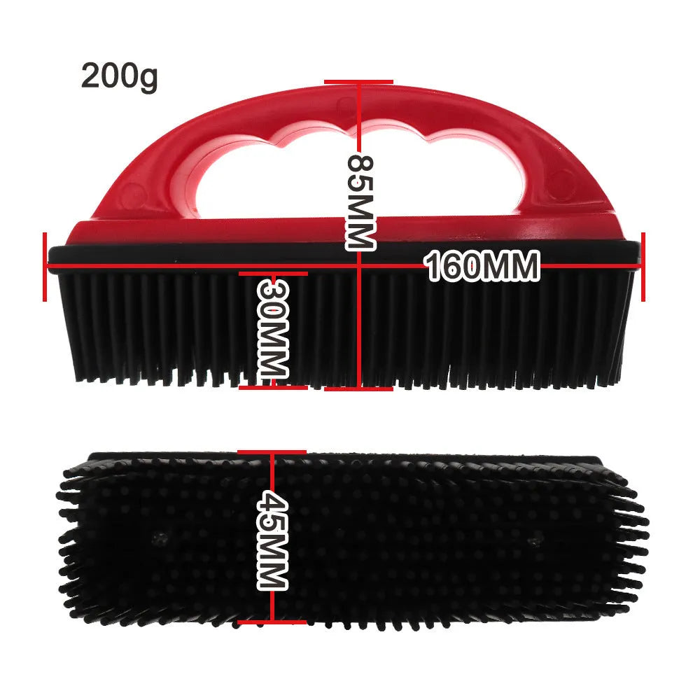 Red pet hair removal brush measuring 160mm by 85mm for grooming and carpet cleaning
