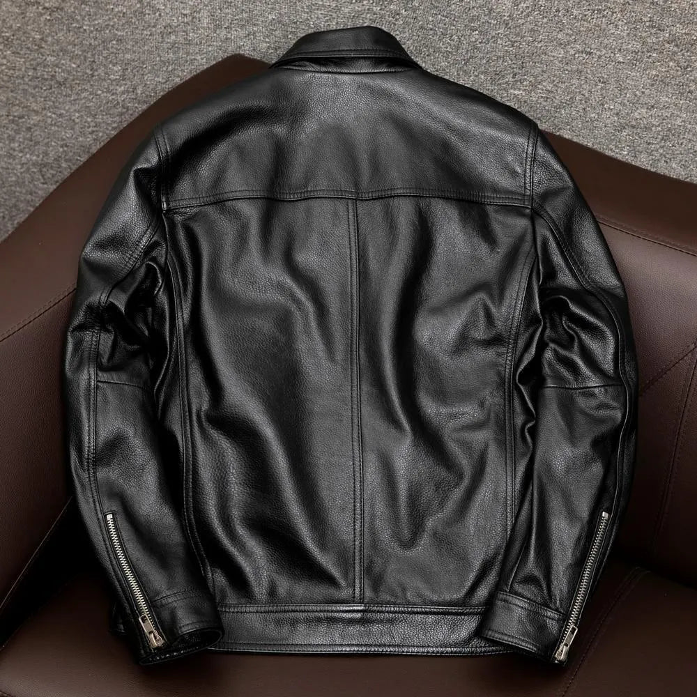 Men's black lapel-collar leather jacket with side pockets shown on model