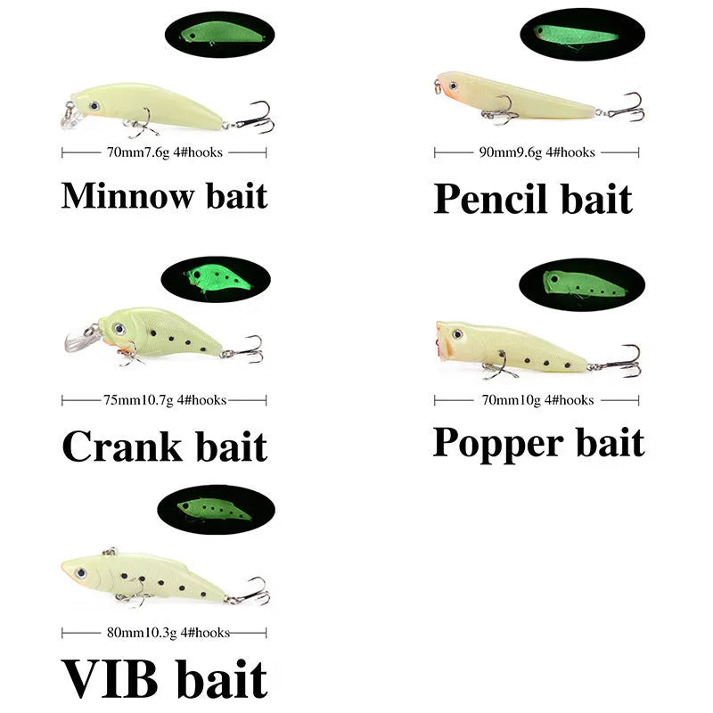 Set of five hard body fishing lures with fluorescent patterns and luminous glow for low-light fishing conditions