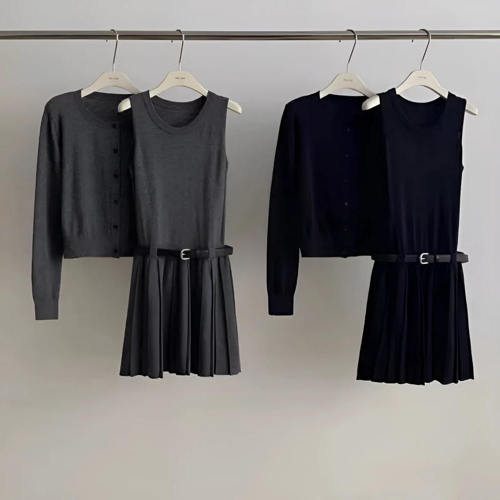 Grey art retro women's vest skirt and long-sleeve cardigan two-piece set with pleats and belt.