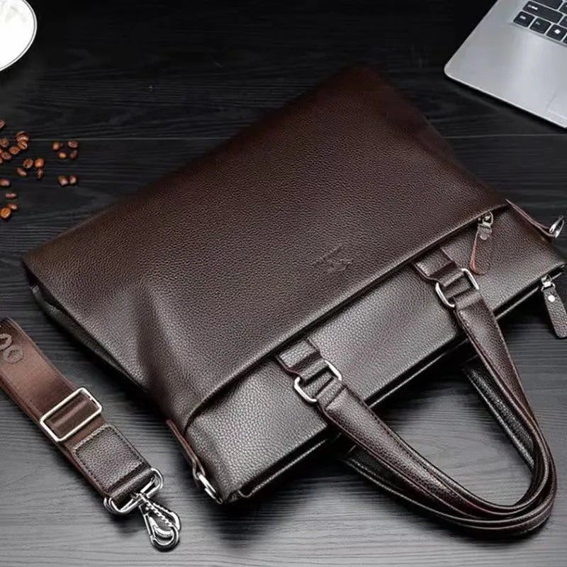 Men's black and brown PU leather business messenger bag with splicing style, shown with crossbody strap.