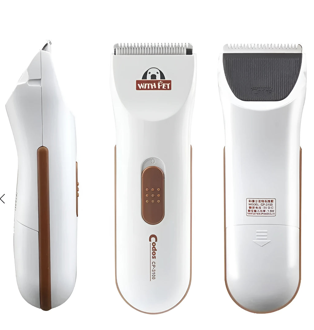White battery-operated pet clipper with ceramic blade for dog and cat grooming