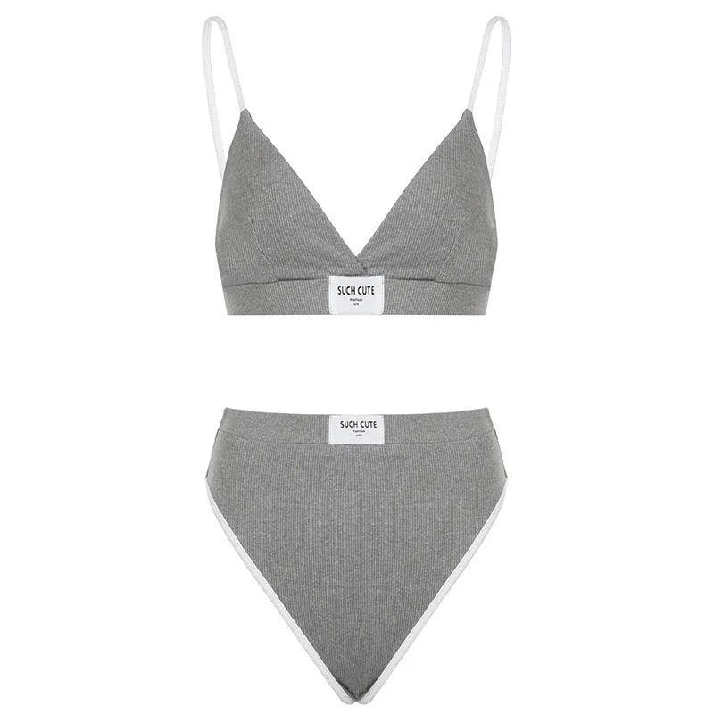 Women's embroidered bikini set with contrast binding in grey colour