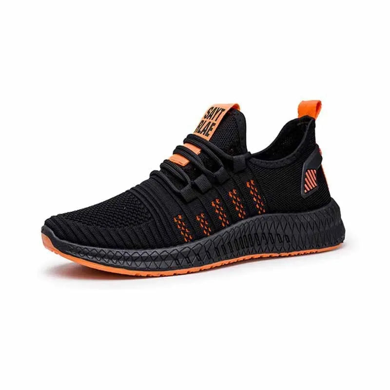 Men's black casual sports shoes with stripe and cross-strap detail on a Flying Weave upper.