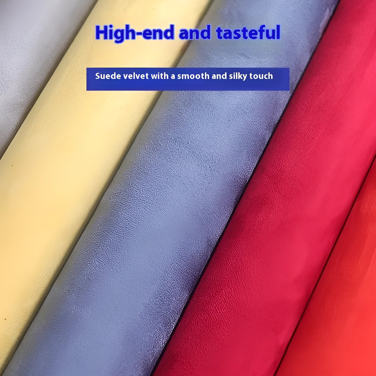 Rolls of self-adhesive suede leather in multiple colours including black, brown, blue, and red.