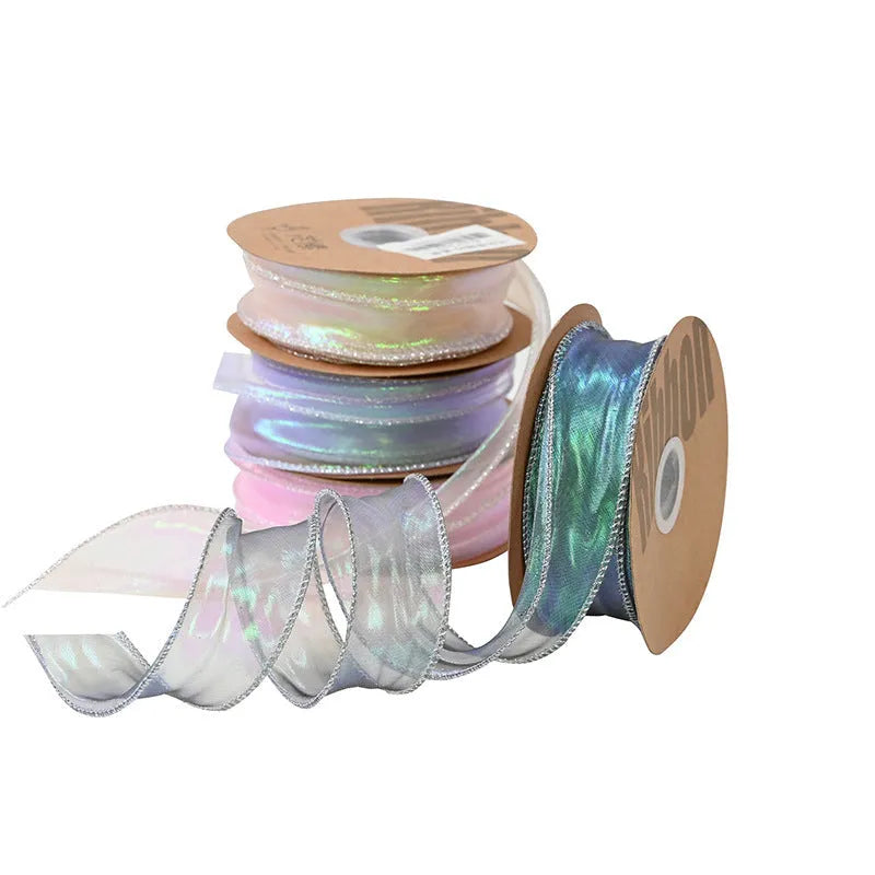 Colourful fishtail yarn floral mesh ribbon in 4cm width showing wave pattern and eight colour options