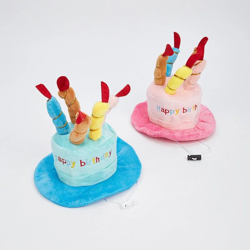 Blue and pink dog birthday hats for toy dog celebrations, showing 21cm wide decorative accessory