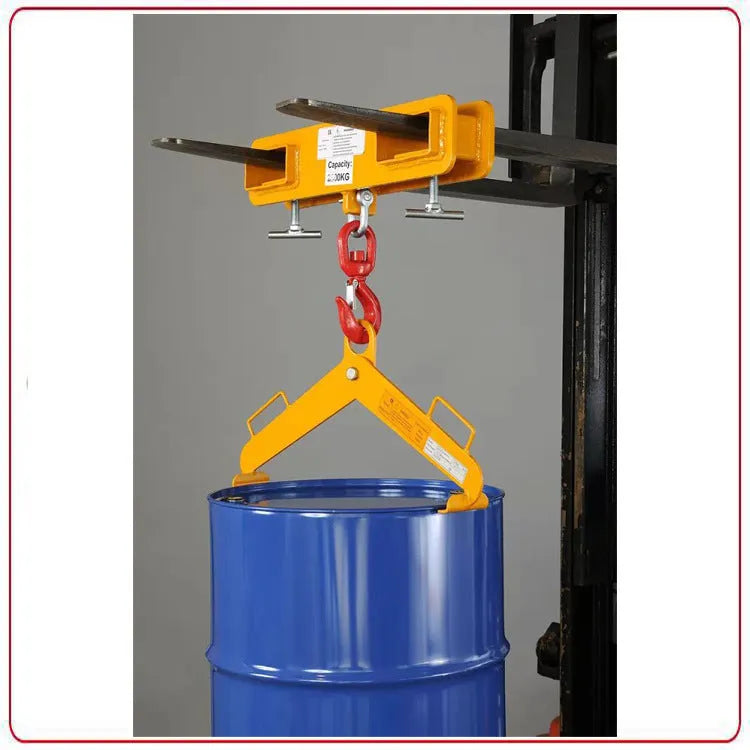 MK forklift hook attachment with rotatable head and safety lock, shown mounted on forklift forks.