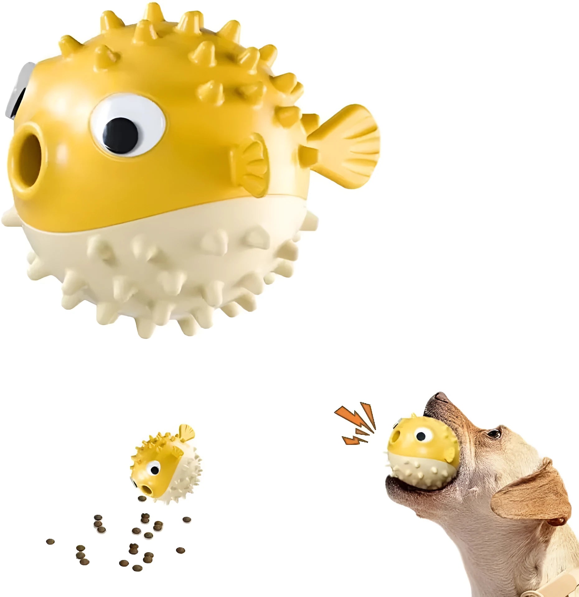 Fish-shaped interactive dog toy with treat dispensing in green, red, or yellow colours