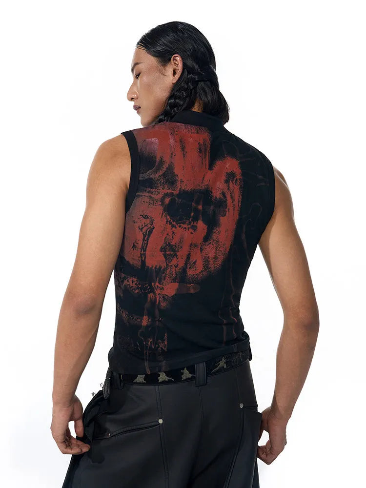 Black and white half-turtleneck sleeveless t-shirt with character print, slim-fit Korean style.
