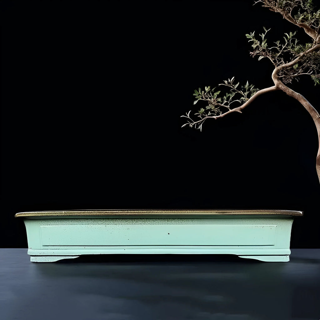 Green retro style handmade ceramic bonsai pot with purple sand crackled glaze