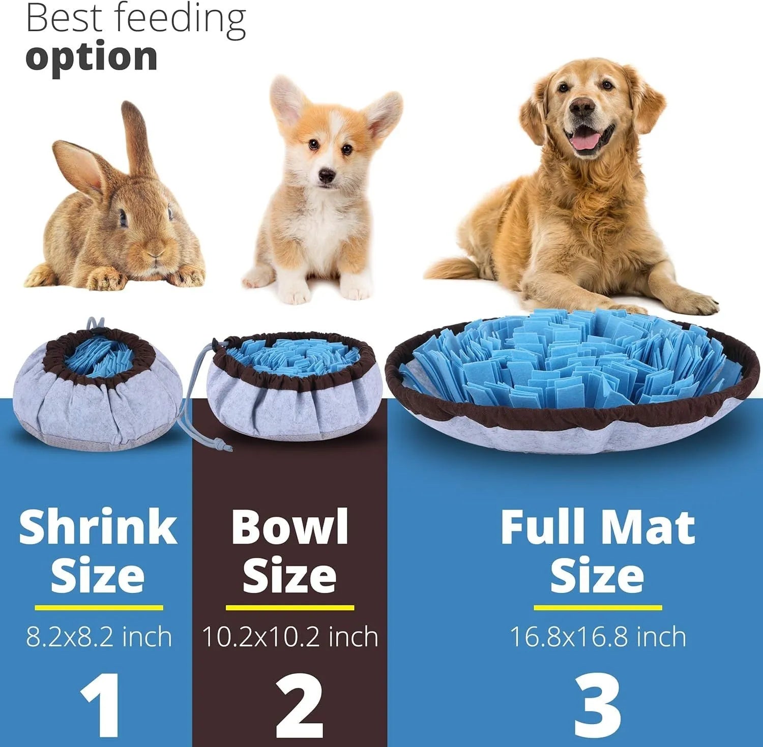 Blue adjustable snuffle mat for dogs with removable insert and fleece fabric strips