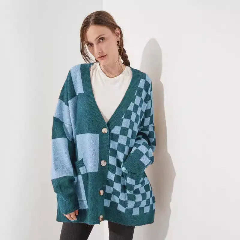 Printed checks loose slim fit cardigan in polyester spandex fabric available in six colours