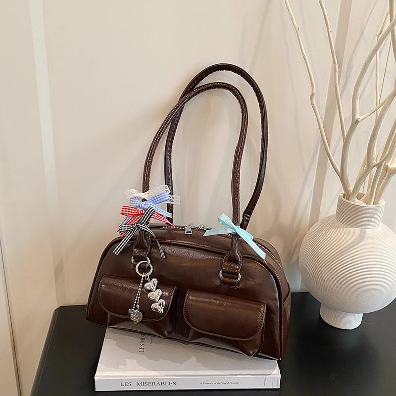 Retro PU leather women's pillow handbag with underarm design and double shoulder straps