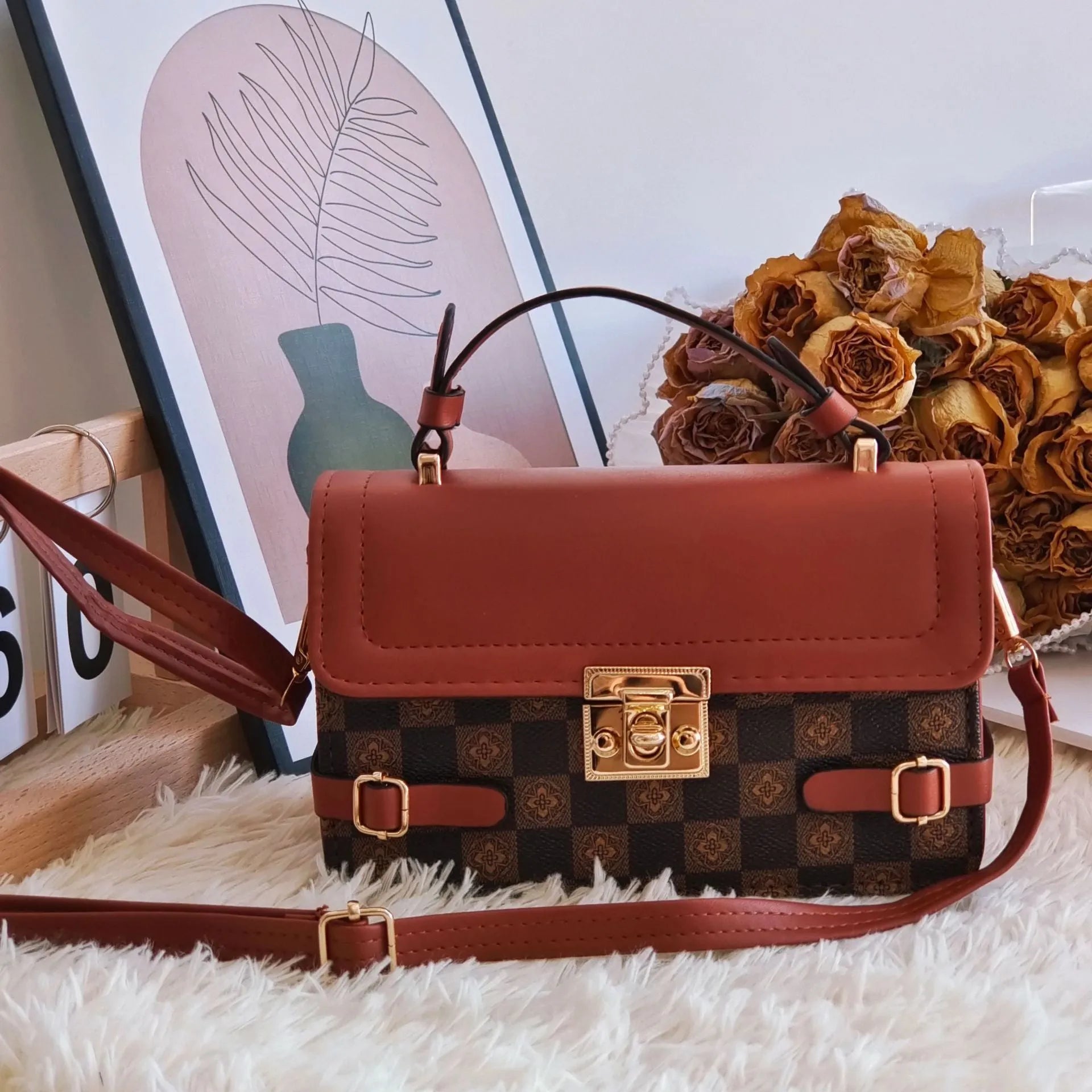 Retro square crossbody bag with floral stitching and plaid patterns in apricot colour