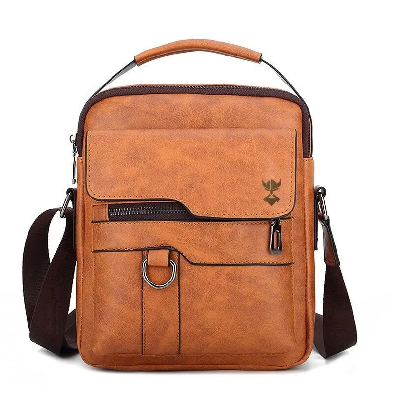 Brown PU leather men's shoulder bag showing front zipper compartment and adjustable strap