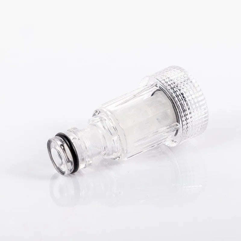 Transparent plastic inlet joint connector for Karcher pressure washers showing filter screen inside