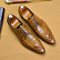 Men's black alligator pattern leather shoes with a silver horse bit buckle on the front.