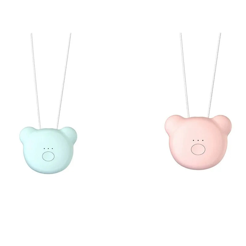 Pink and blue wearable USB air purifier necklace shown on a person, with dimensions 1.5 by 5.7 by 4.5 cm.