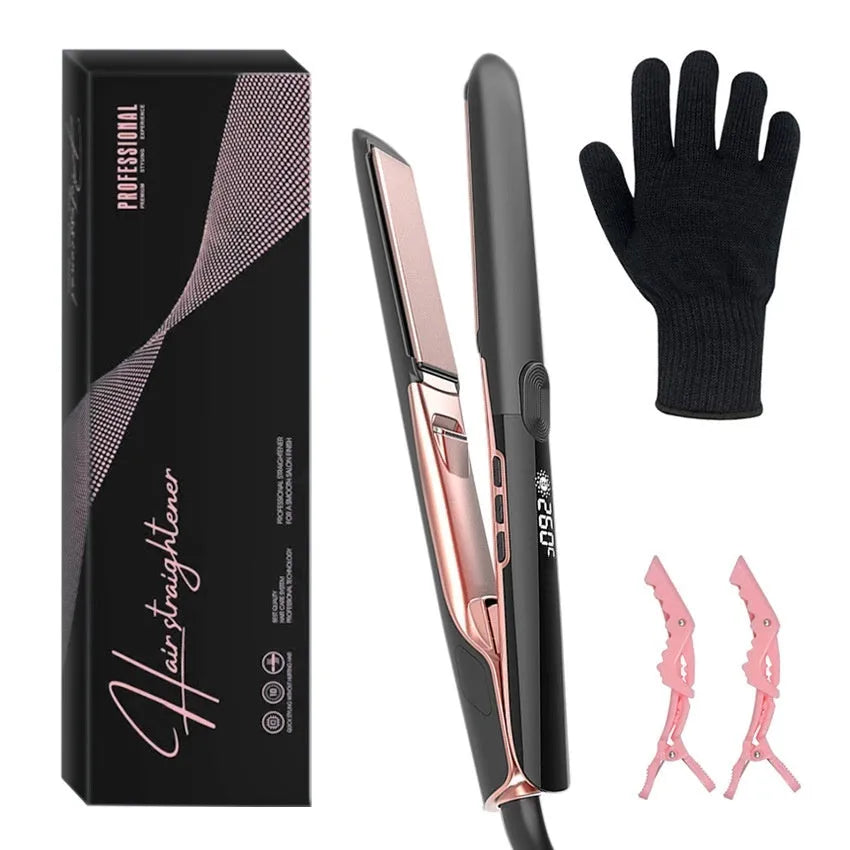 A hair straightener with a digital temperature display showing 207°C and ceramic plates.