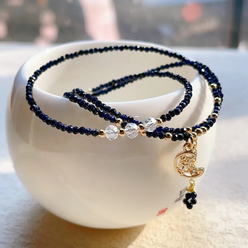 Women's blue sand stone three-ring bracelet with multi-layer design and gold colour details