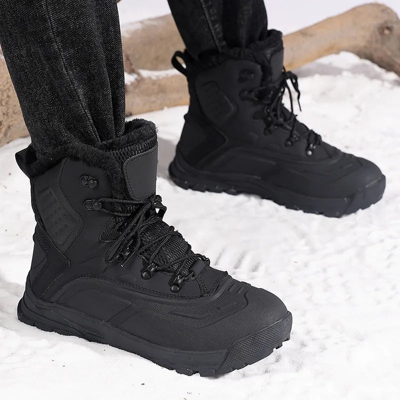 Men's black fleece-lined high-top winter boot with lace-up front and tall crown on a ribbed TPR sole.