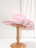 Western denim top hat in polyester woolen felt with conical crown and hexagonal star decoration