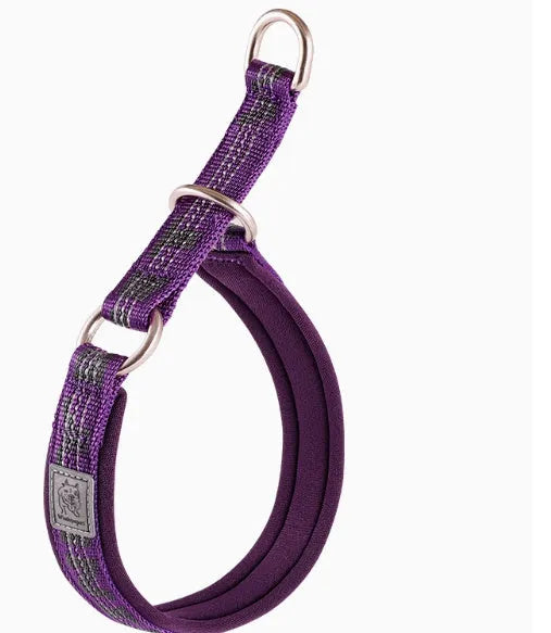 P chain dog collar in nylon webbing with aluminium alloy and SBR padding, available in army green and reflective options