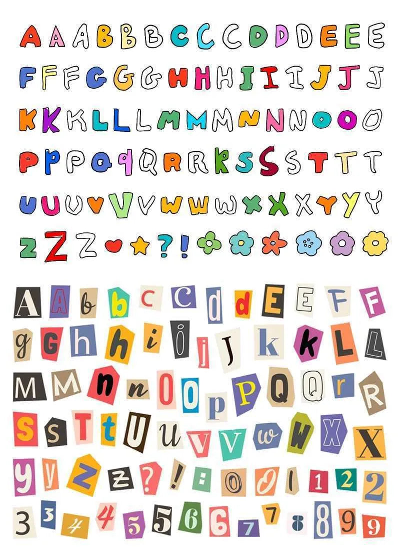 Set of printed English letters, numbers, and weekday word stickers in multiple colours for crafts and organisation
