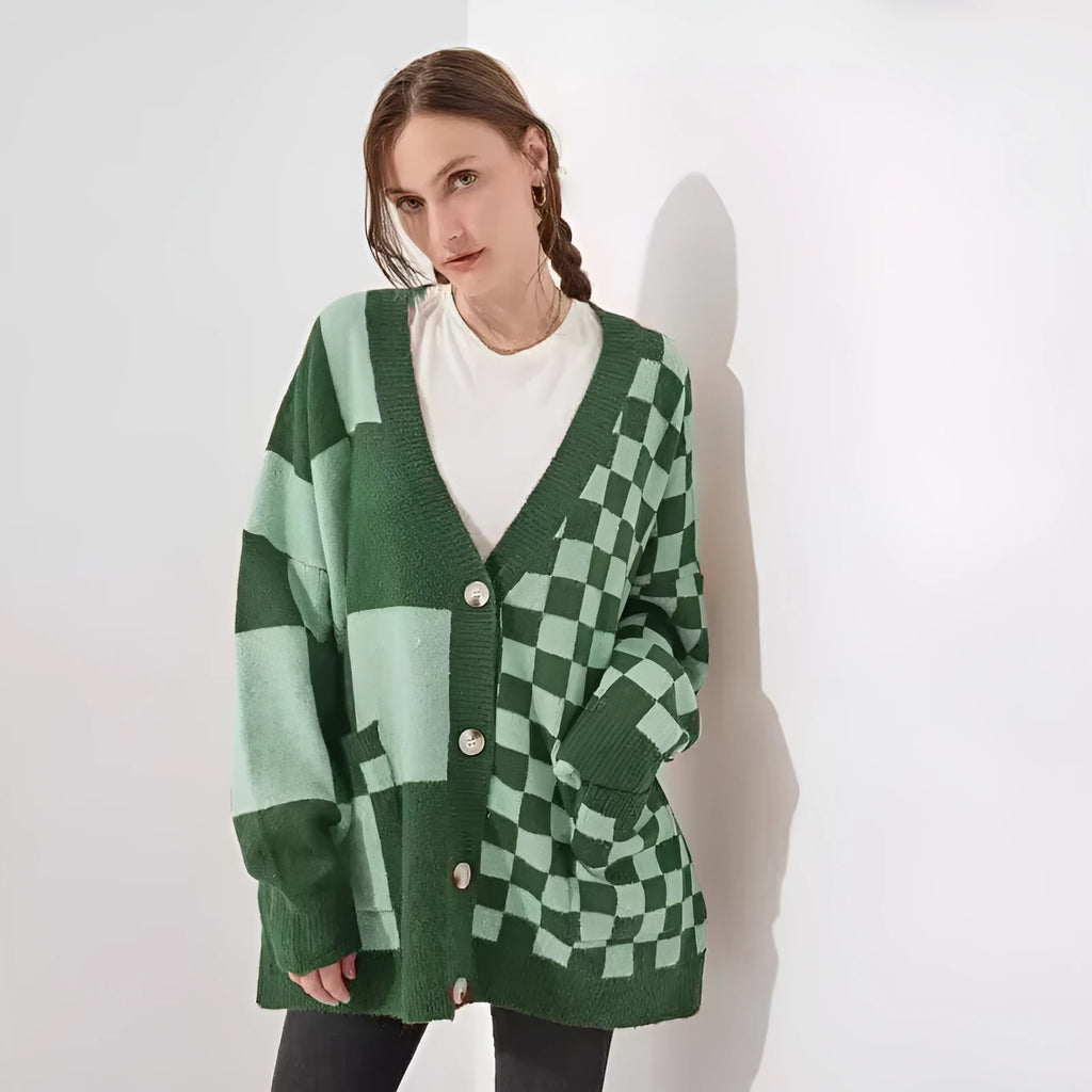 Printed checks loose slim fit cardigan in polyester spandex fabric available in six colours