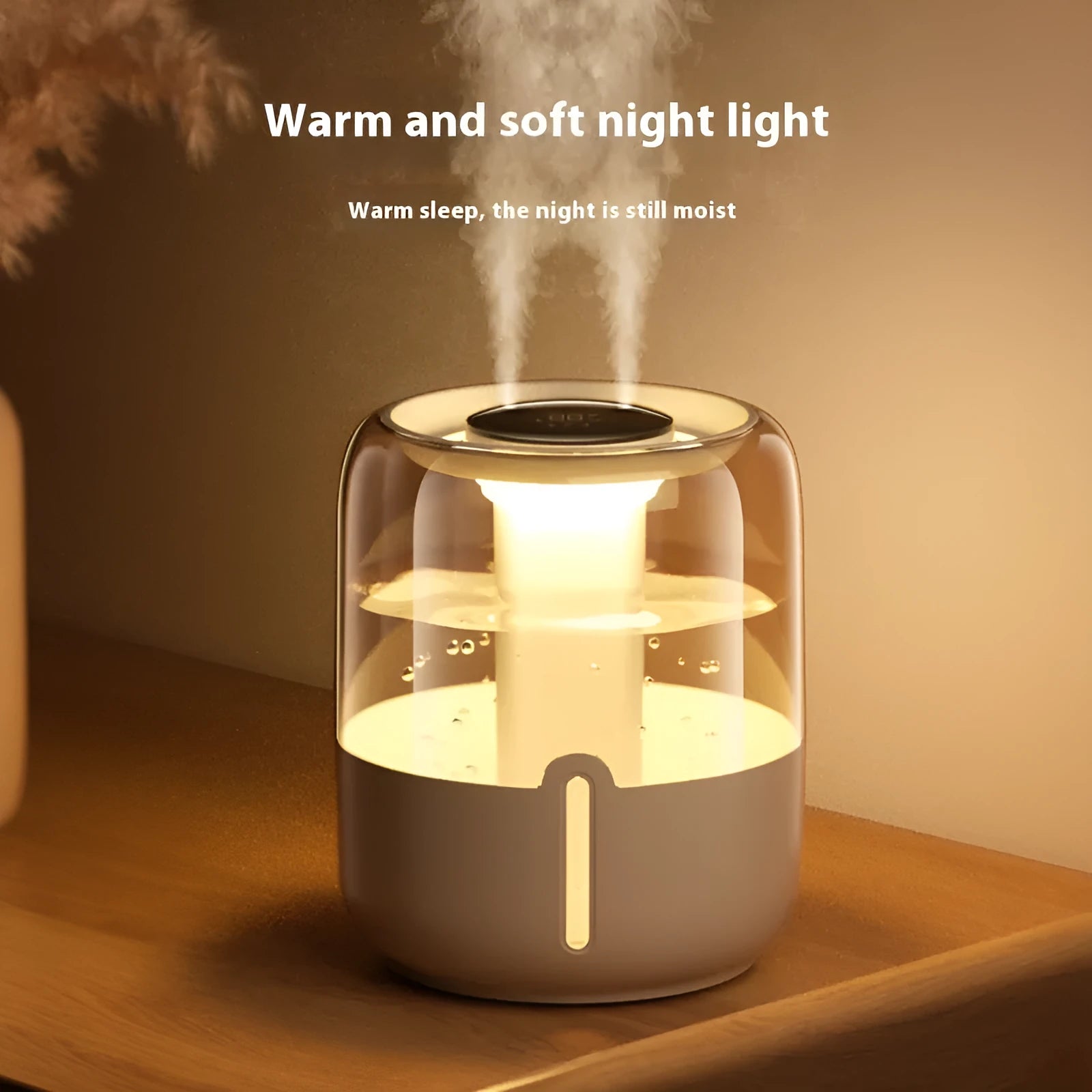 Beige round USB-powered humidifier with dual spray mist outlets and a digital humidity display.