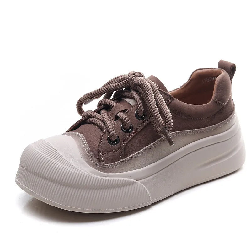 Women's cameo brown leather lace-up casual shoes with round toe and rubber sole