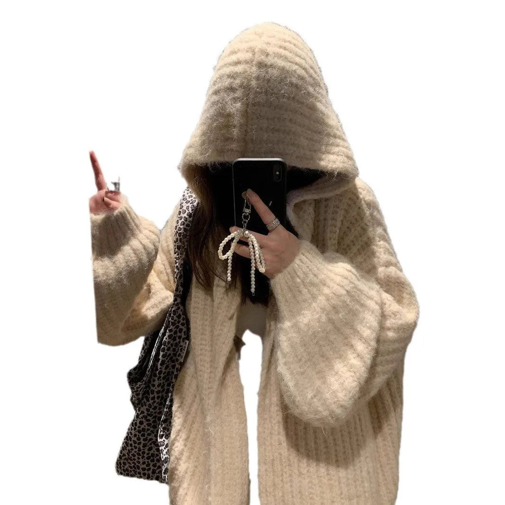 Retro Maillard hooded sweater cardigan for women in dark grey, brown or milky white solid colours