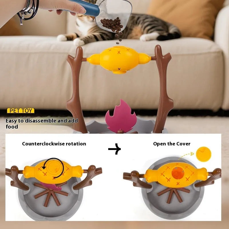 Barbecue-themed tumbling cat feeder toy with leakage food dispensing mechanism