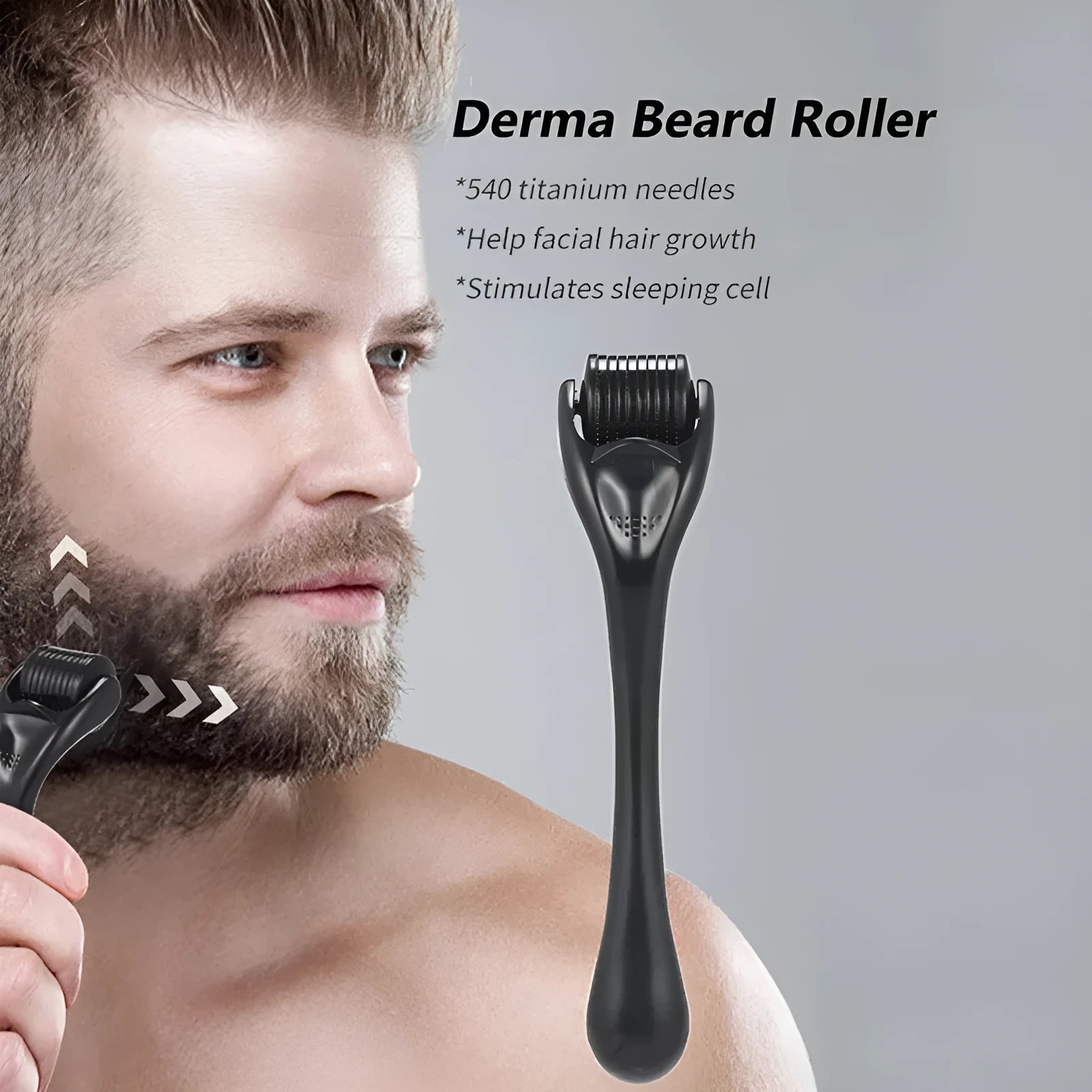 Black and purple derma roller with titanium microneedles showing six needle size options from 0.2mm to 1.0mm